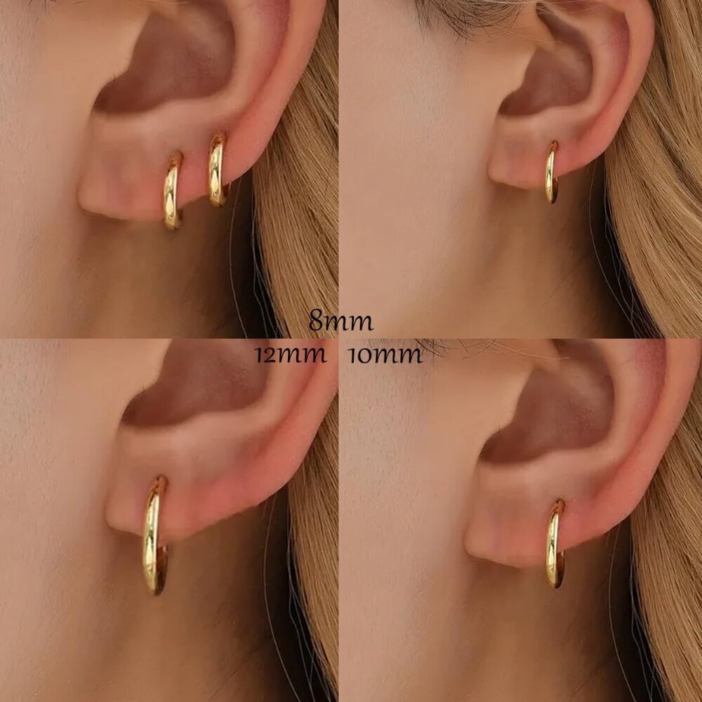 Gold Hoop Earrings Set 14k Gold Plated Small Cartilage Huggie Unisex Jewelry - Picture 8 of 8
